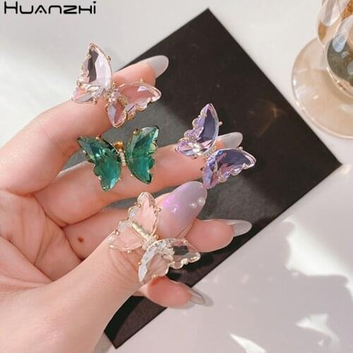HZ 2020 New Korean Transparent Rhinestones Crystal Butterfly Colorful Acrylic Adjustable Rings for Women Girls Sweet Jewelry