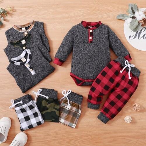 Cute Autumn New Baby Boys Girls Plaid Camouflage Clothes Set Long Sleeve Cotton Romper+Elastic Waist Trousers 2PCS Toddler Suit