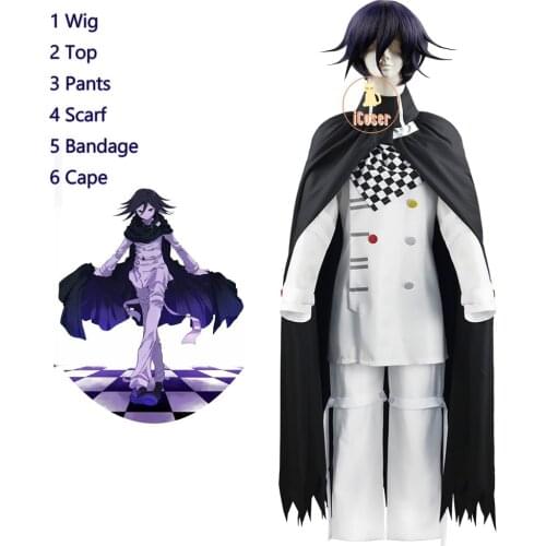 Danganronpa V3 Kokichi Ouma Cosplay Costume Oma White Suit Blackish Purple Wig Black Cloak Halloween Carnival Party Outfit