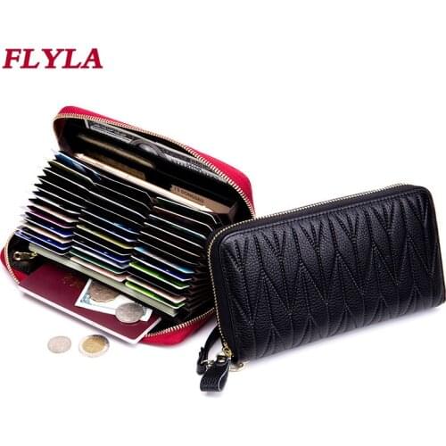 Large-capacity Leather Women Wallet Organ Card Bag Long Zipper Rfid Ladies Hand Bag First Layer Cowhide Wallet Clutch