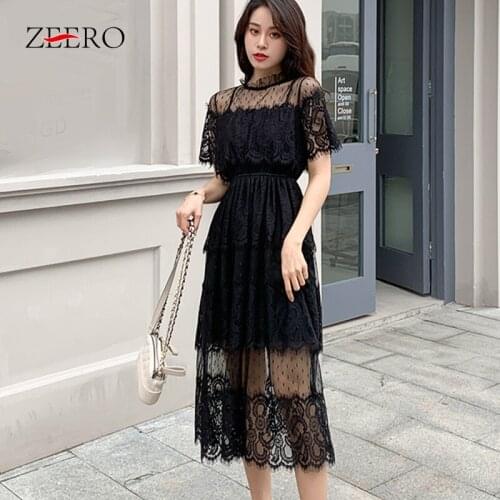 Summer Women Casual Vintage Black Lace Embroidered Midi Dresses Elegant Female Holiday Sexy Party Dresses Vestidos Plus Size