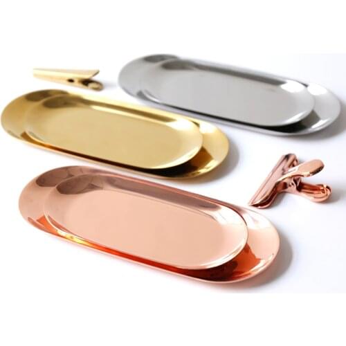 Stainless Steel Storage Tray Dish Jewelry Ring Organizer Bread Dessert Plate Golden Oval Plate Desktop Decoration 1pc
