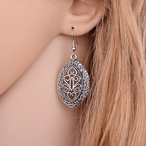Bohemia Vintage Jewelry National Elements Tibetan Silver Carving Hollow Retro Drop Pendant Earring For Women