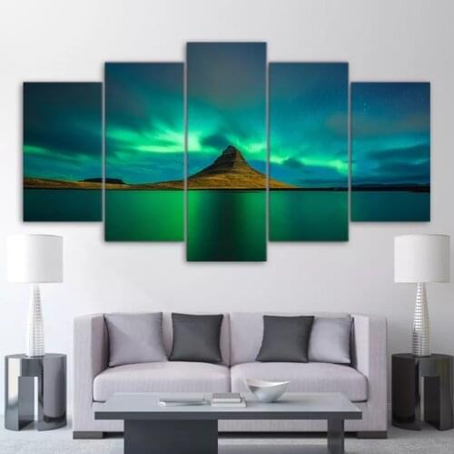 5 Pieces Iceland Aurora Paintings Modular Hd Prints Volcano Poster Canvas Wall Art Pictures Home Decor For Living Room