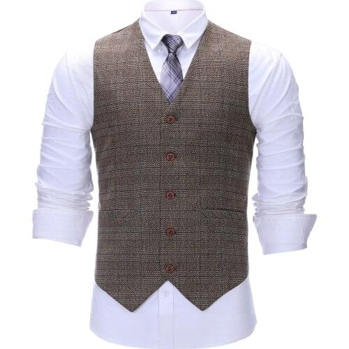 Mens Vintage Plaid Suit Vest Tweed Wool Waistcoat for Groomsmen for Wedding