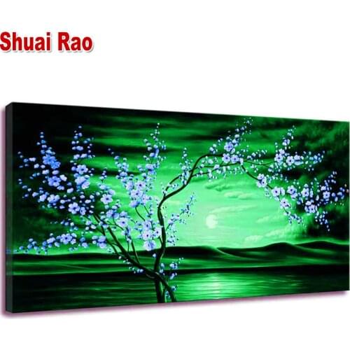 Green Night landscape Blue Cherry Blossom Round Diamond Embroidery Diamond Painting 5d DIY Diamond Mosaic full Square B252
