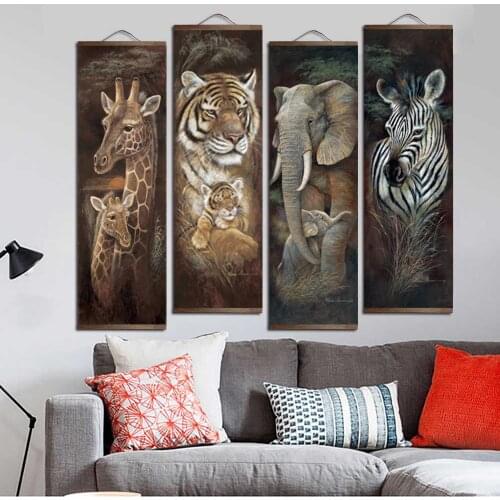 Tiger Giraffe Elephant Zebra Wall Art Canvas Print Animal Painting Posters With Solid Wood Hanging Scroll Frame For Living Room