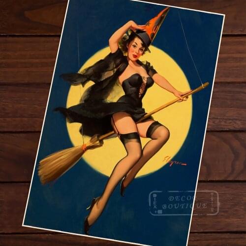 Sexy Witch Pin Up Girl Pop Art Map Poster Classic Vintage Retro Kraft Canvas Maps Wall Sticker Home Bar Posters Decor Gift