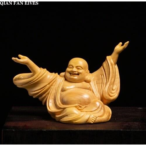 Solid wood hand-carved big belly laughing Buddha sculpture statue Wooden joy Amitabha Cute home decoration accessories statue