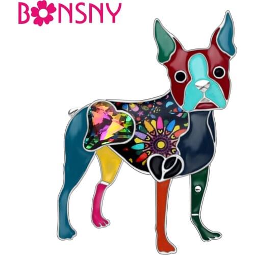 Bonsny Enamel Alloy Rhinestone Boston Terrier Dog Brooches Pin Jewelry For Women Girls Gift Fashion Animal Decorations Bijoux