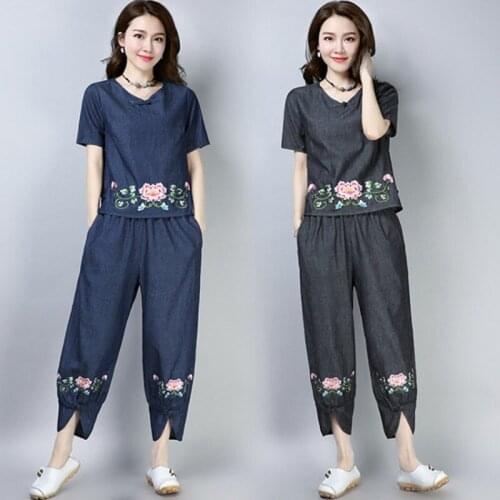 Summer National style new Chinese style womens sets womens denim Pants suits embroidery Tops+ loose Pants bloomers two-piece