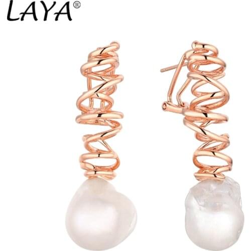 Laya 925 Sterling Silver Classic Personality Design Twist Rope Multi-Line Natural Baroque Pearl Drop Clip Earrings For Women