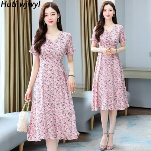 Spring Summer New Pink Floral Chiffon Boho Beach Dress 3XL Plus Size Vintage Print Midi Dress 2021 Women Bodycon Party Vestidos