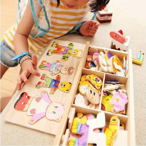 2021 New Little Bear Change Clothes Childrens Early Education Wooden Jigsaw Puzzle Dressing Game Baby Wooden Puzzle Toys Gifts