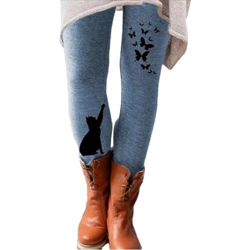 50%HOT Women Casual Elastic Waistband Cats Butterflies Print Leggings Long Skinny Pants