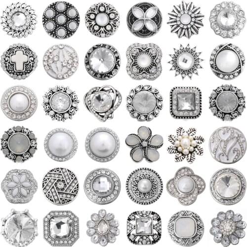 6pcs/lot New Snap Button Jewelry Bracelets Charm Metal Crystal Rhinestone White 18mm Snap Buttons Fit DIY Snap Bracelet