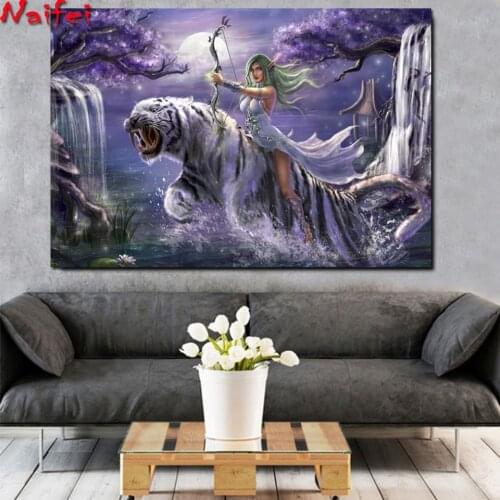 Full Square round Drill 5D DIY Fantasy girl green hair elf bow tiger diamond painting Cross Stitch 3D Embroidery Kits home decor