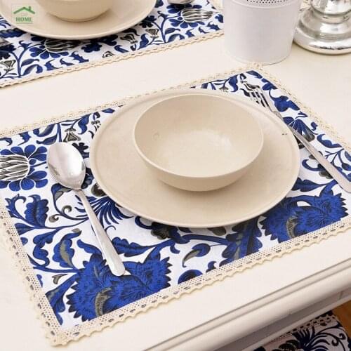 Behome High quality Original ethnic Chinese style South Beauty blue flower coasters placemats cotton cloth lace placemat Western