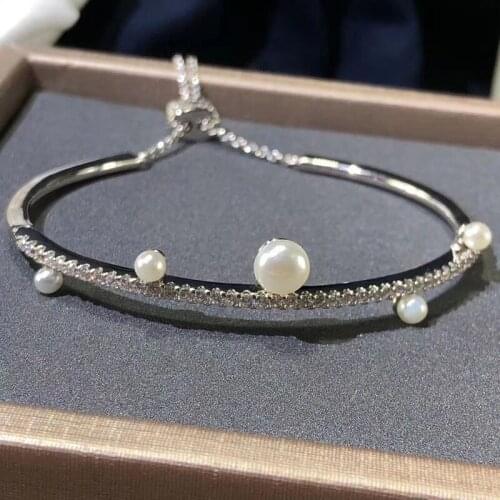 Brand 1:1Luxury Brand Bangle High Quality Silver Color Line Bracelet Pearl Cuff Zirconia Stones Bangle Statement Women Jewelry