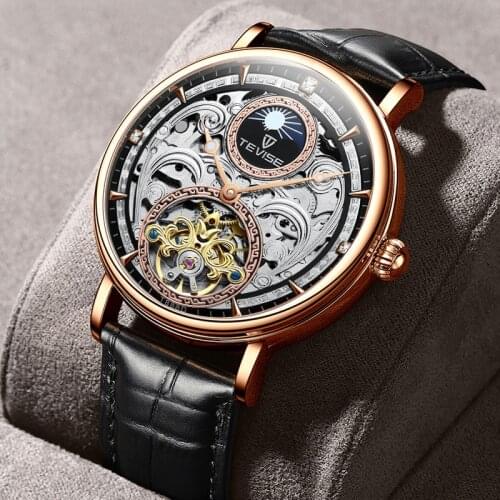 Rose Gold Moon Phase Men Fashion Business Watches Leather Sport Tourbillon Automatic Mechanical Mens Clock relogio 2021