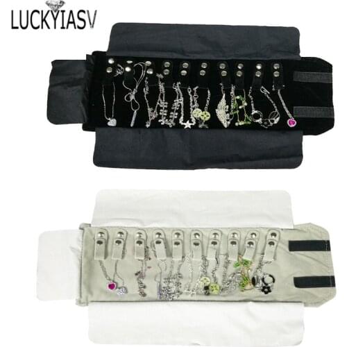 Black/Grey Velvet Jewelry Storage Portable Display Cases Organizer Jewelry Travel Roll for 10 Necklaces and Pendants Bag