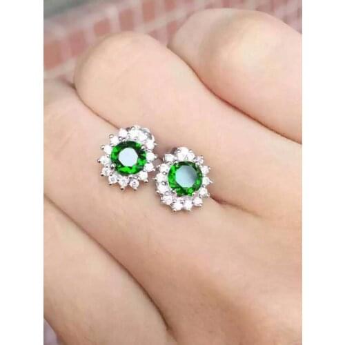 Natural diopside stud earrings 925 sterling silver natural green gemstone earrings women Classic round earrings for anniversary