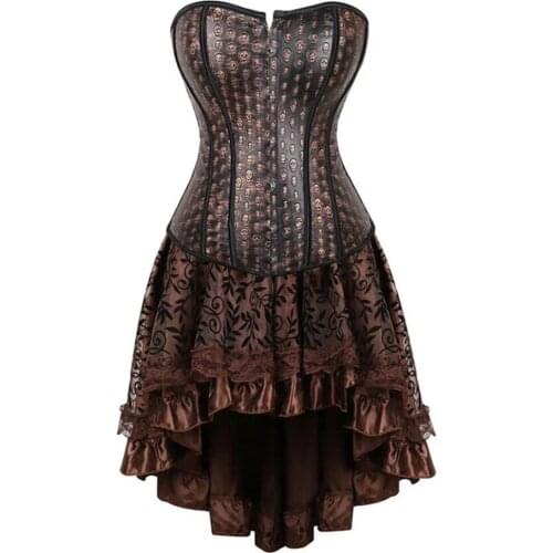 Brown Steampunk Skull Print Ovebust Corset Women Vintage Sexy Faux Leather Corsets Bustiers Lingerie Top Pirate Costume