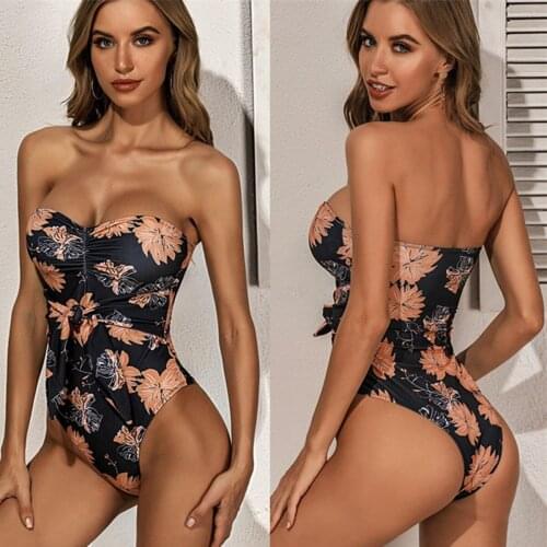 New breast-wearing strap swimsuit black-bottomed printed waist strap sexy swimsuit one piece swimsuit Womens Clothing