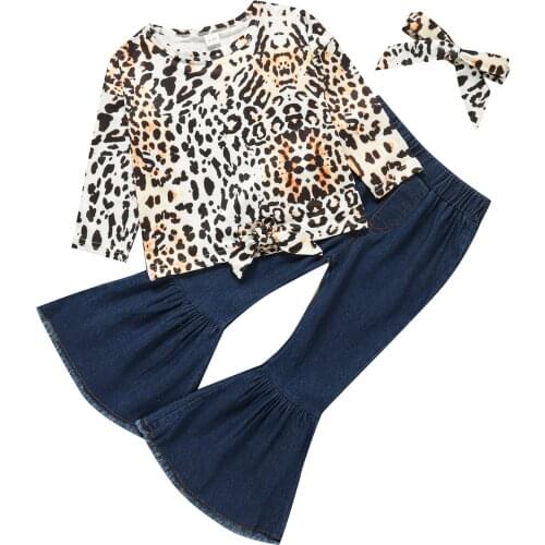 2021 2-7Y Fashion Kids Girls Clothing Leopard Long Sleeve Bow T-shirt+Pockets Denim Trumpet Pants+Headband Spring Autumn 2pcs