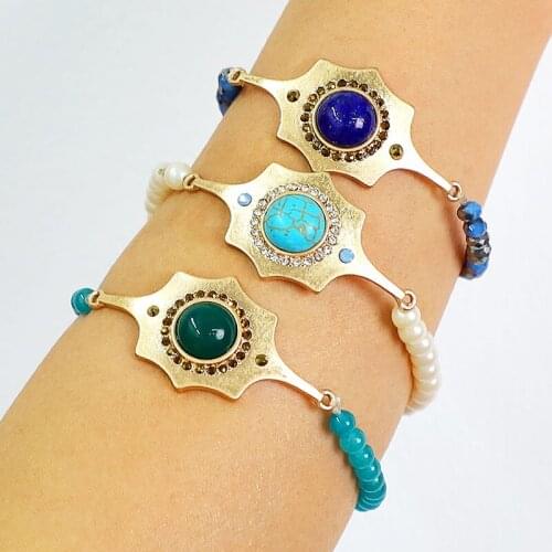 KOMi Fashion Creative Beaded Elastic Line Rice Bead Bracelet Alloy Inlaid Stones Turquoises Agate Stones Pendant Lady Bracelet