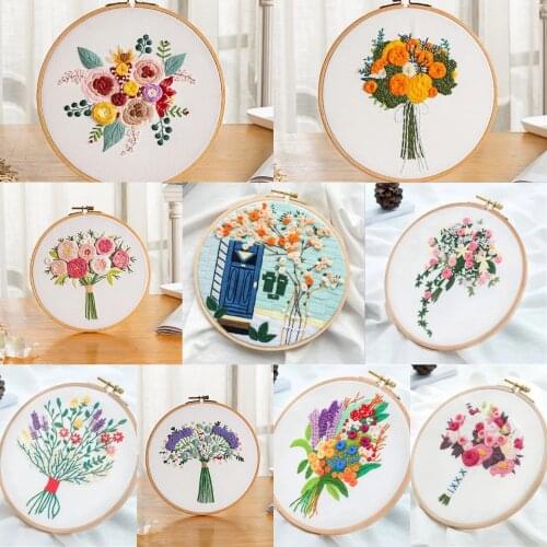 DIY Flower Pattern Printed Embroidery Kit Embroidery Hoop Cross Stitch Needlework Handmade Sewing Art Craft Painting Home Decor