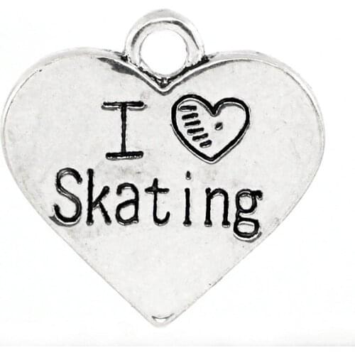 DoreenBeads Charm Pendants Heart "I Love Skating" Message Carved antique silver color 17.7x18mm,20PCs (B25290)