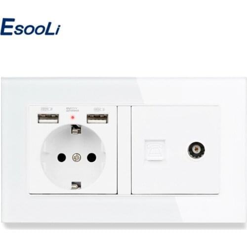 Esooli Luxury Glass Panel EU Standard Wall Socket 2 USB Charge Port Hidden Soft LED + RJ11 Telephone and Female TV Connector