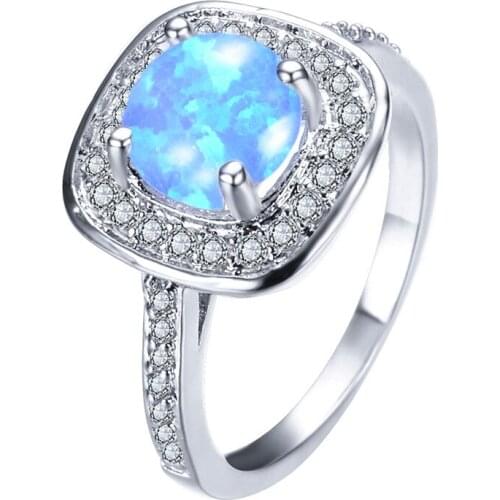 Luxury Female White Blue Fire Opal Stone Ring Fashion Silver Color Geometric Finger Ring Vintage Wedding Rings For Women