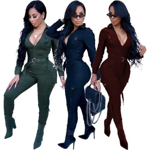 Sexy Jumpsuits for Women 2019 Solid Skinny jumpsuit Pocket Sashes Clothes Long sleeve one piece
