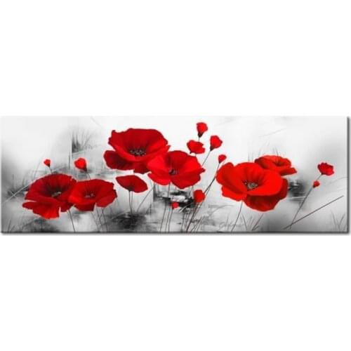 Modern Painting Gray Garden Nature Flowers Artistic Plants Gray / Red Poppies On Canvas for Living Room Home Decor