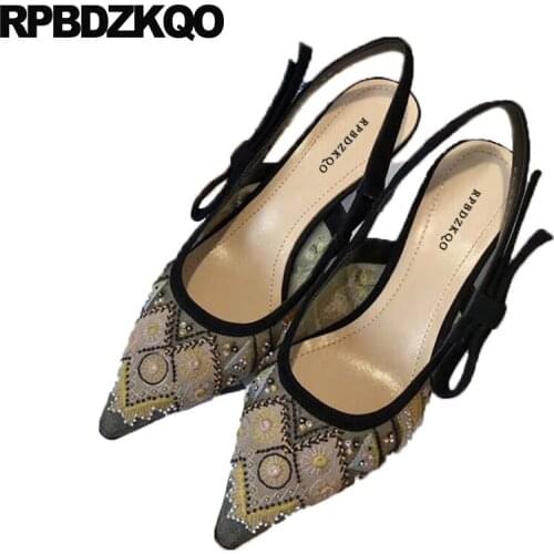 Slingback Size 4 34 Medium Heels Embroidered Designer Pumps Luxury Brand Shoes Women Kitten Scarpin Pointed Toe 2021 Mesh Korean