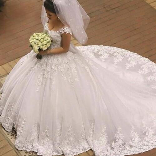 Vestido De Festa Elegant Newest Arabic Wedding Dresses Ball Gown Appliques Cap Sleeve wedding gown Court Train Bridal Dresses