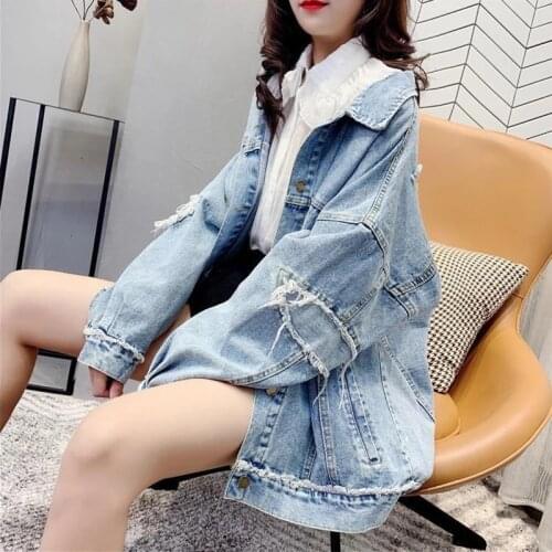 2021 New Autumn Denim Coat Women Wash Frayed Jean Jacket Style Fashion Loose Denim Jackets Outerwear Oversize