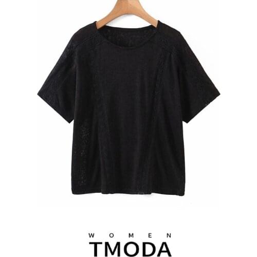 2021 Summer Woman Black Lace Patchwork Oversize T Shirt Lady Short Sleeve O Neck Chic Tops Female Plus Size Tees Ropa De Mujer