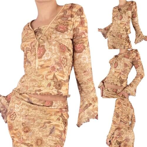 Women Chic Floral Printed Tops Long Sleeve V-Neck Tie- Up Front Slim Lettuce Trim Flared Cuffs T-Shirts For Spring Fall Summer