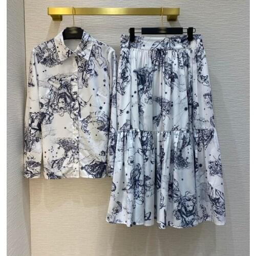 2021 spring women elegant slim skirt set single breasted vintage printed blouses + a-line long skirt 2 pieces set Y380