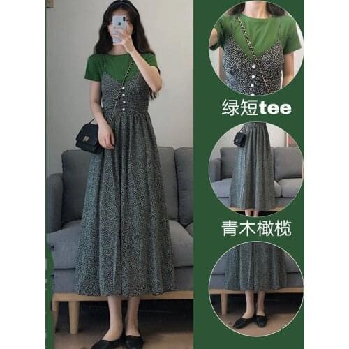 Suit Female Summer 2021 New Plus Size Womens T-shirt + Thin Floral Sling Dress Female Plus Size Two-piece