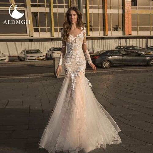 Aedmgh Sheath Mermaid Wedding Dresses 2021 V-Neck Long Sleeve Sweep Train Vestido De Novia Gorgeous Lace Appliques Bridal Gowns
