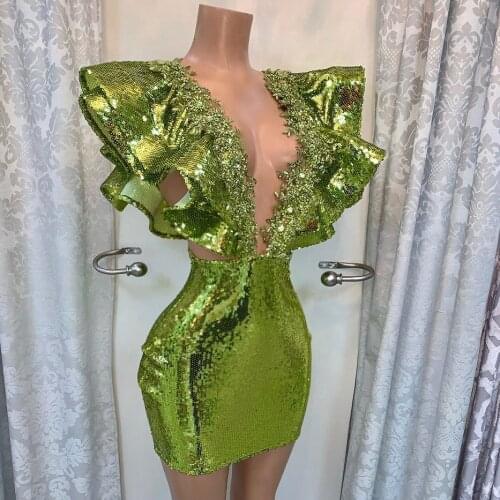 Green Sequined Prom Gowns Short Beaded Deep V-Neck Duabi Party Night Dresses Women Custom Made Designed robe de soiree