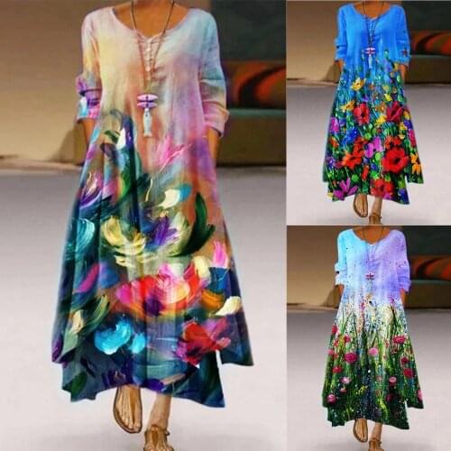 40# Women Flora Printed Vintage Dresses Plus Size Casual Summer Dresses Long Sleeve Bohemian O-neck Casual Dress Платья Женские