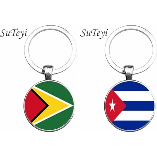 SUTEYI DIY Cuba/Guyana Flag Key Chain Art Photo Men Car Key Ring Jewelry Charm Glass Cabochon Pendant Womens Handbag Keychain