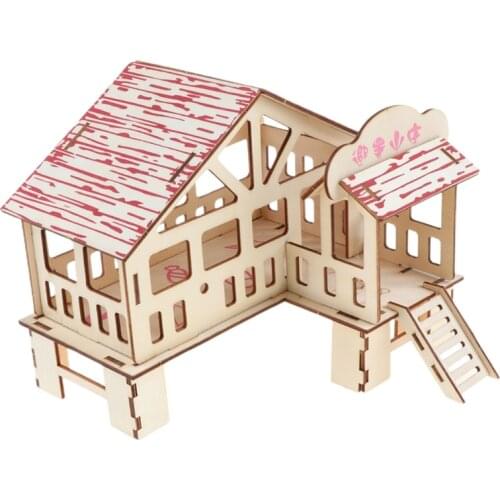 Hamster Hideout Wooden Hut Small Animals Double Layer Villa Rat Room House Cage Q0KA