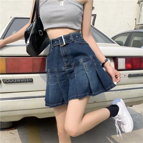 Denim Skirt Retro Pleated Skirt Female Summer New Style Korean Version of The High Waist Was Thin Wild A-line Skirt