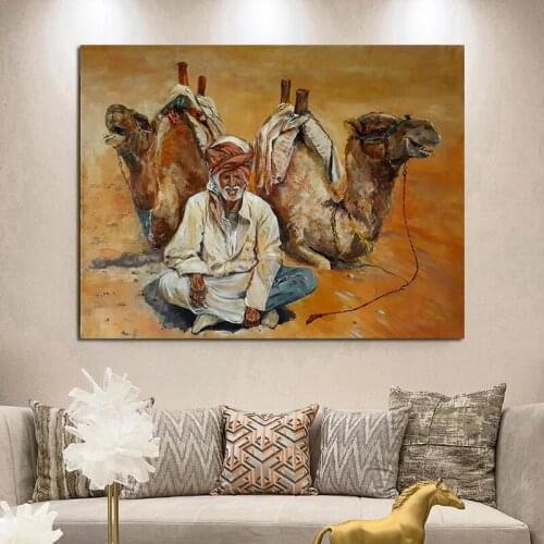 Canvas Painting Desert Wall Art Posters And Prints Camel and Man Canvas Art Moon Night Scene Picture Wall Decor
